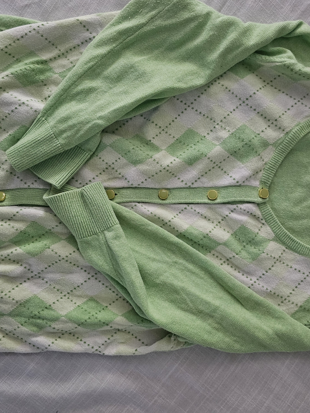 Talbots Light Green Argyle Cardigan with Gold Buttons